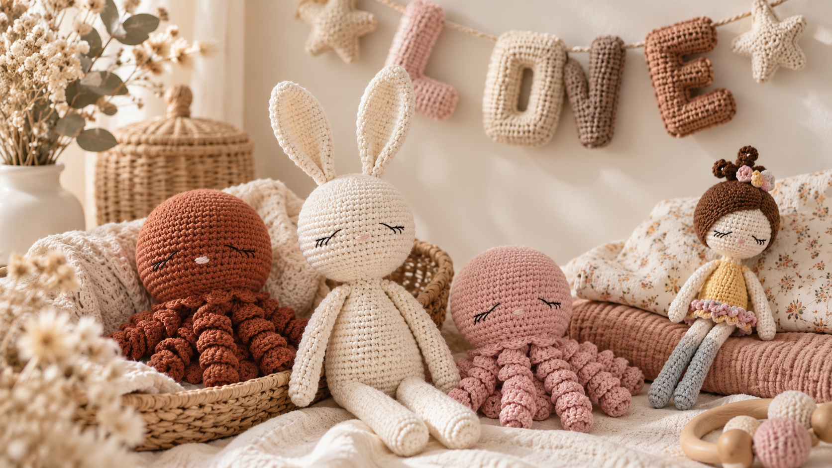 Créations artisanales au crochet Fée de Douceur avec doudous, lapin et poupée faits main