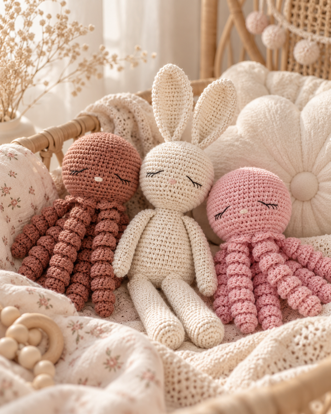 Doudous bébé au crochet faits main Fée de Douceur avec lapin et pieuvres dans un univers doux et naturel