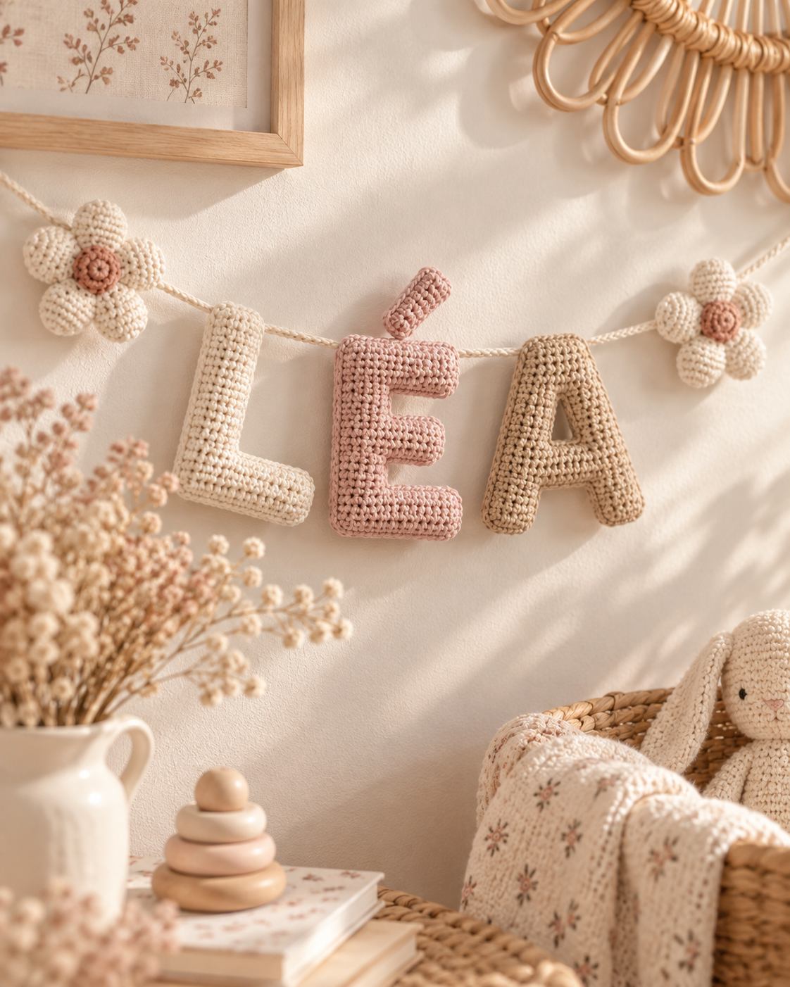 Prénom décoratif en lettres au crochet fait main avec fleurs pour chambre bébé et enfant
