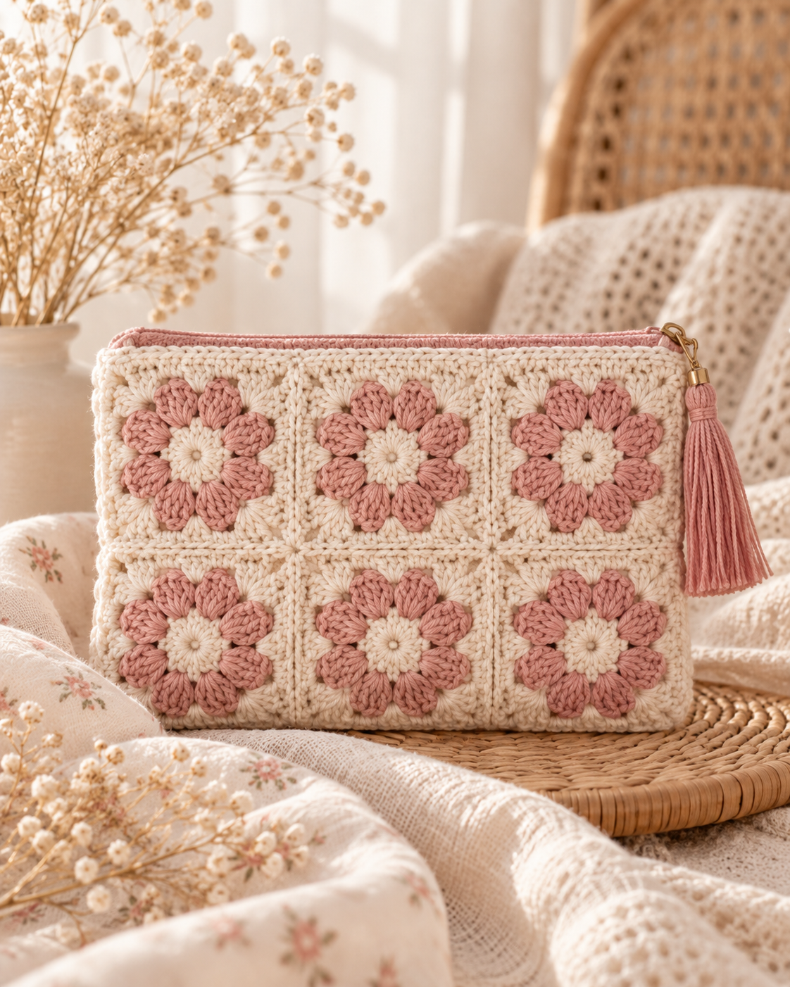 Pochette au crochet style granny à fleurs rose poudré et crème faite main par Fée de Douceur