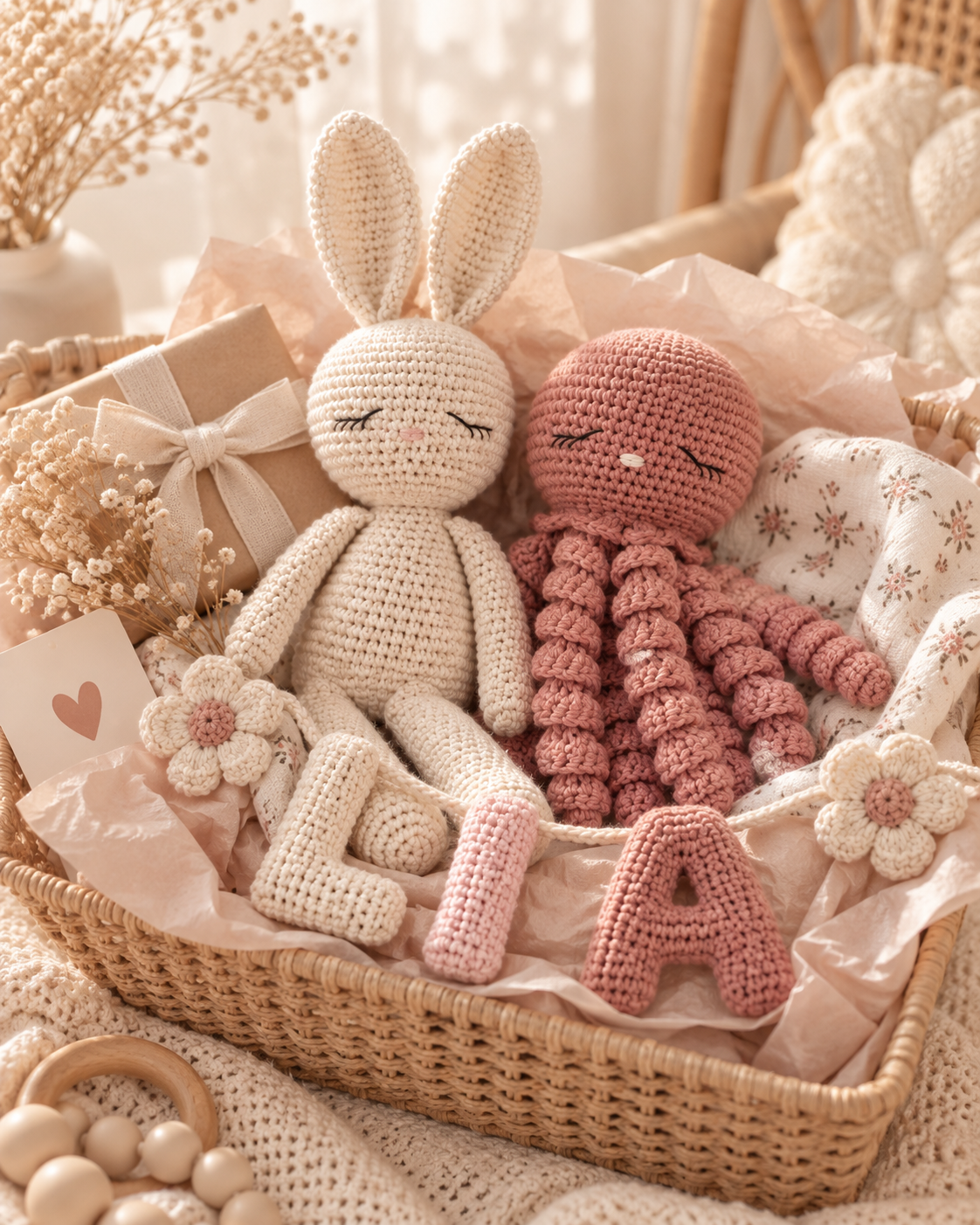 Coffret cadeau naissance artisanal avec doudous et créations au crochet faits main Fée de Douceur