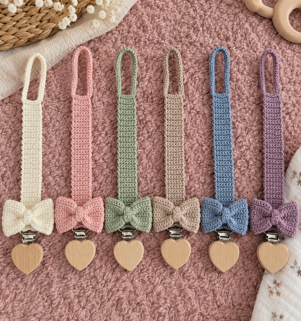 Attache-tétine bébé au crochet avec nœud – Clip cœur en bois – Image 2