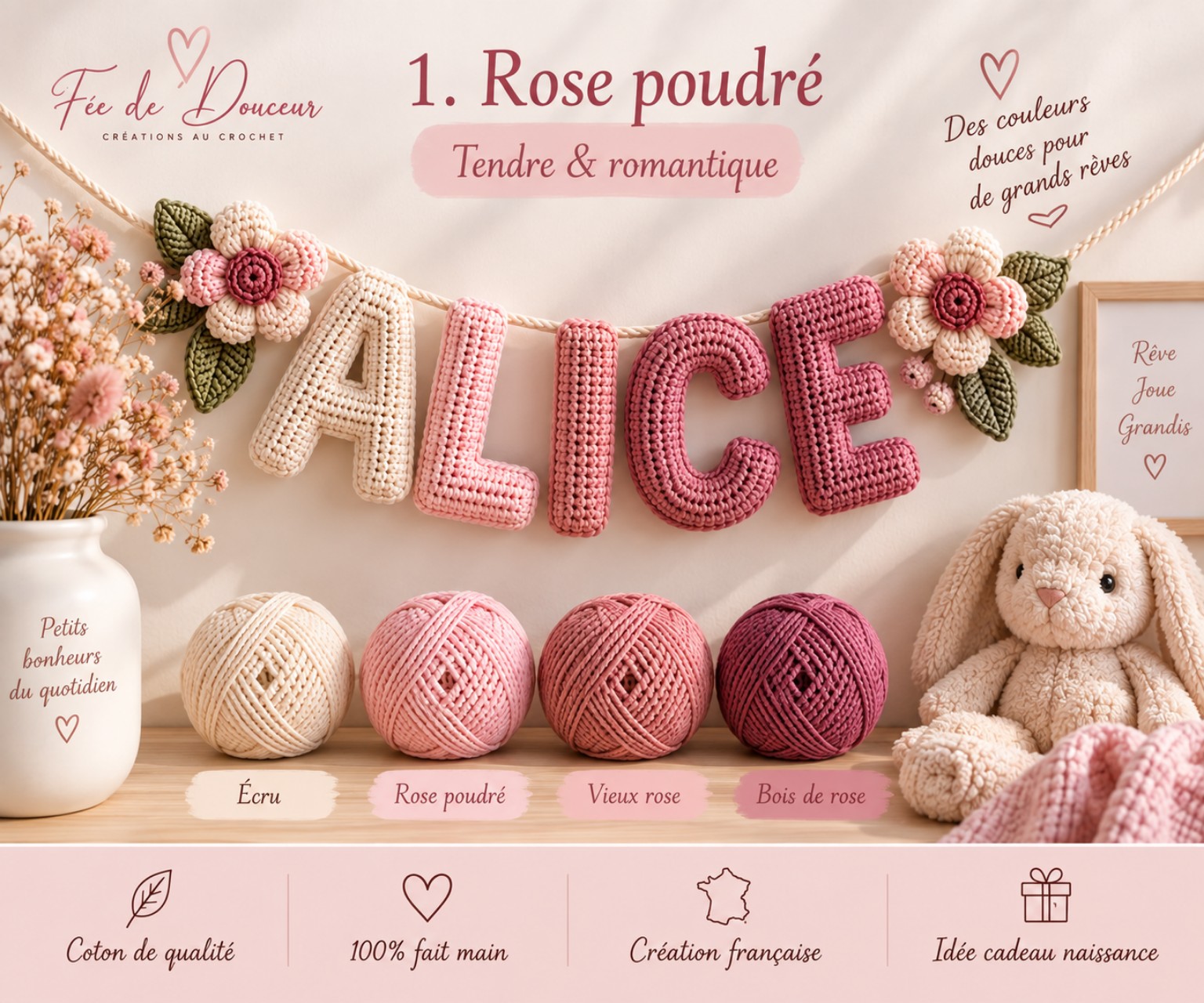 Décoration prénom en lettres au crochet dans des tons doux et naturels