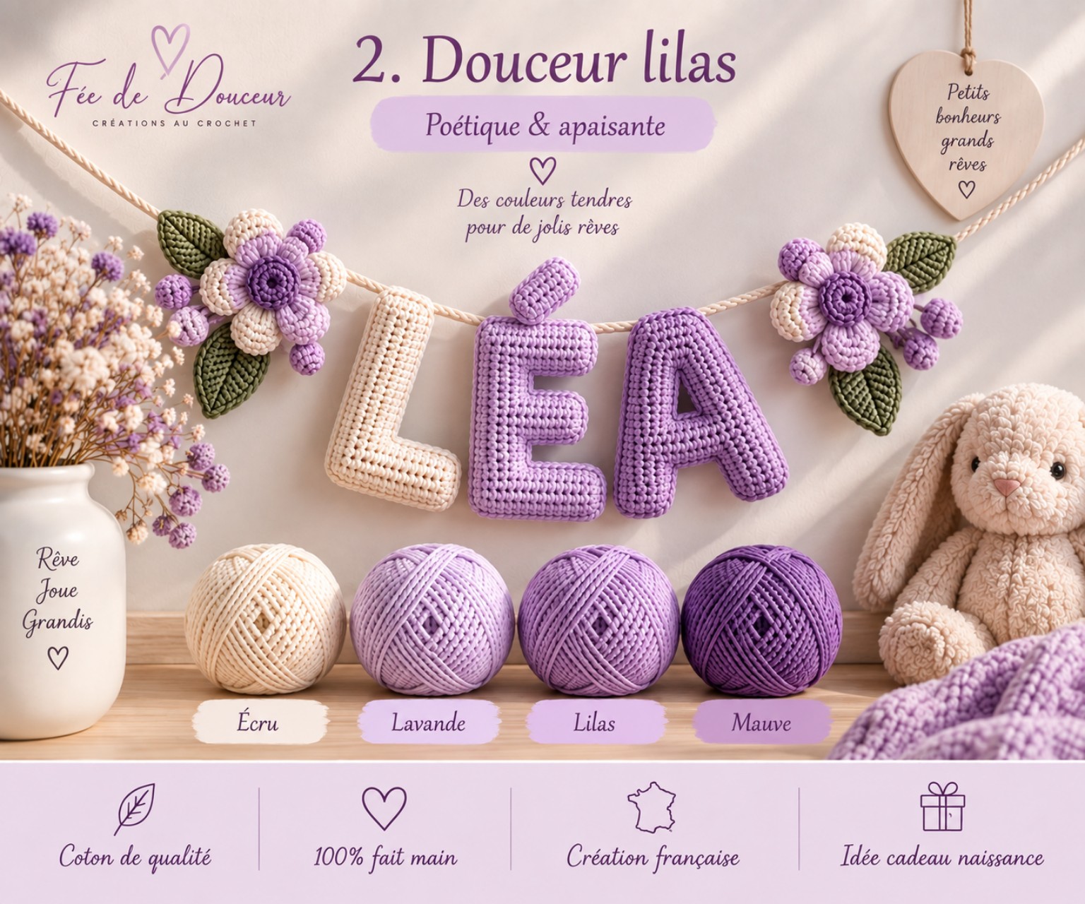 Détail des finitions du prénom au crochet
