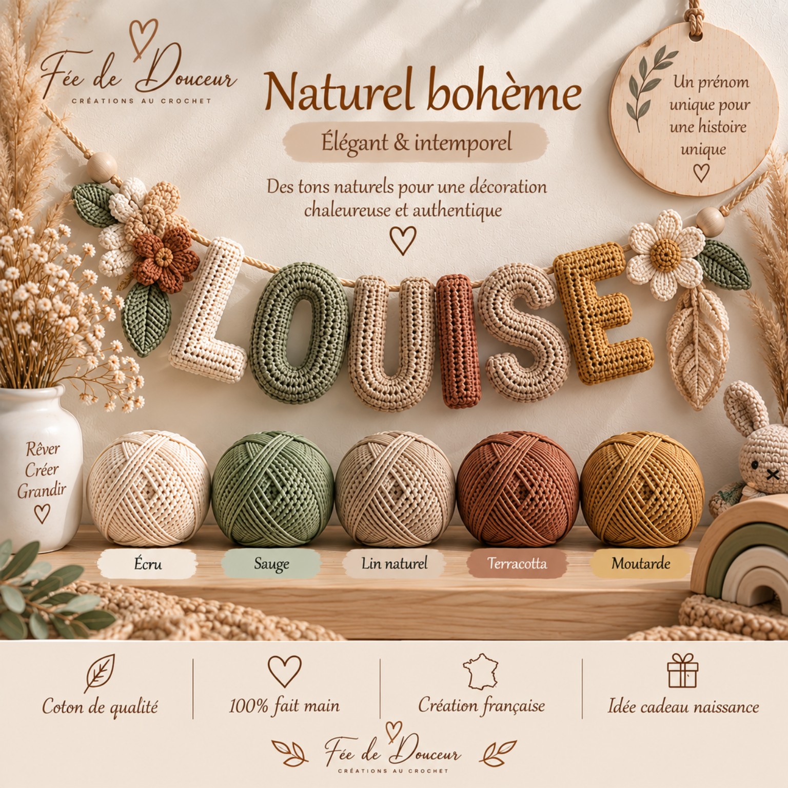 Prénom personnalisé au crochet avec choix de couleurs