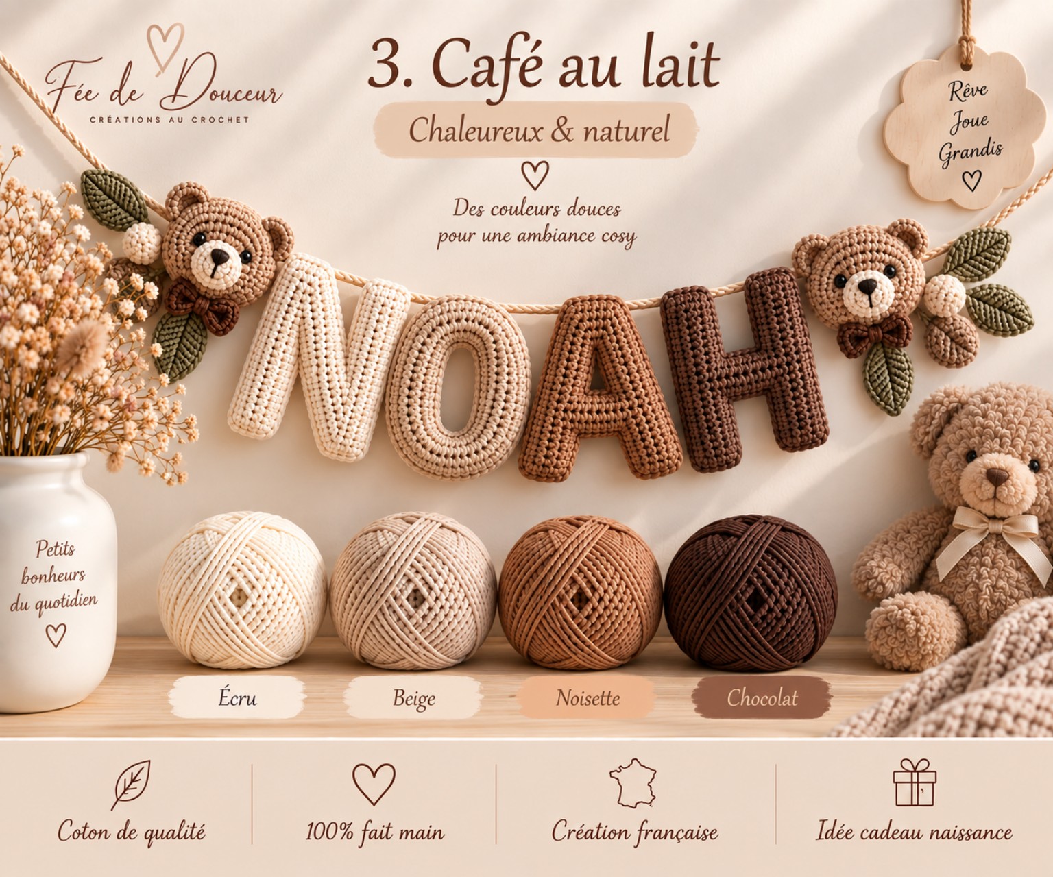 Prénom bébé au crochet fait main avec décoration personnalisée