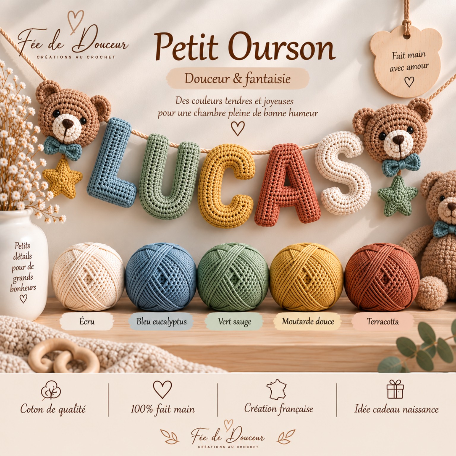 Prénom au crochet personnalisé pour décoration de chambre bébé
