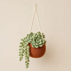 Plante succulente décorative au crochet avec rosettes vertes, tiges retombantes et pot terracotta suspendu
