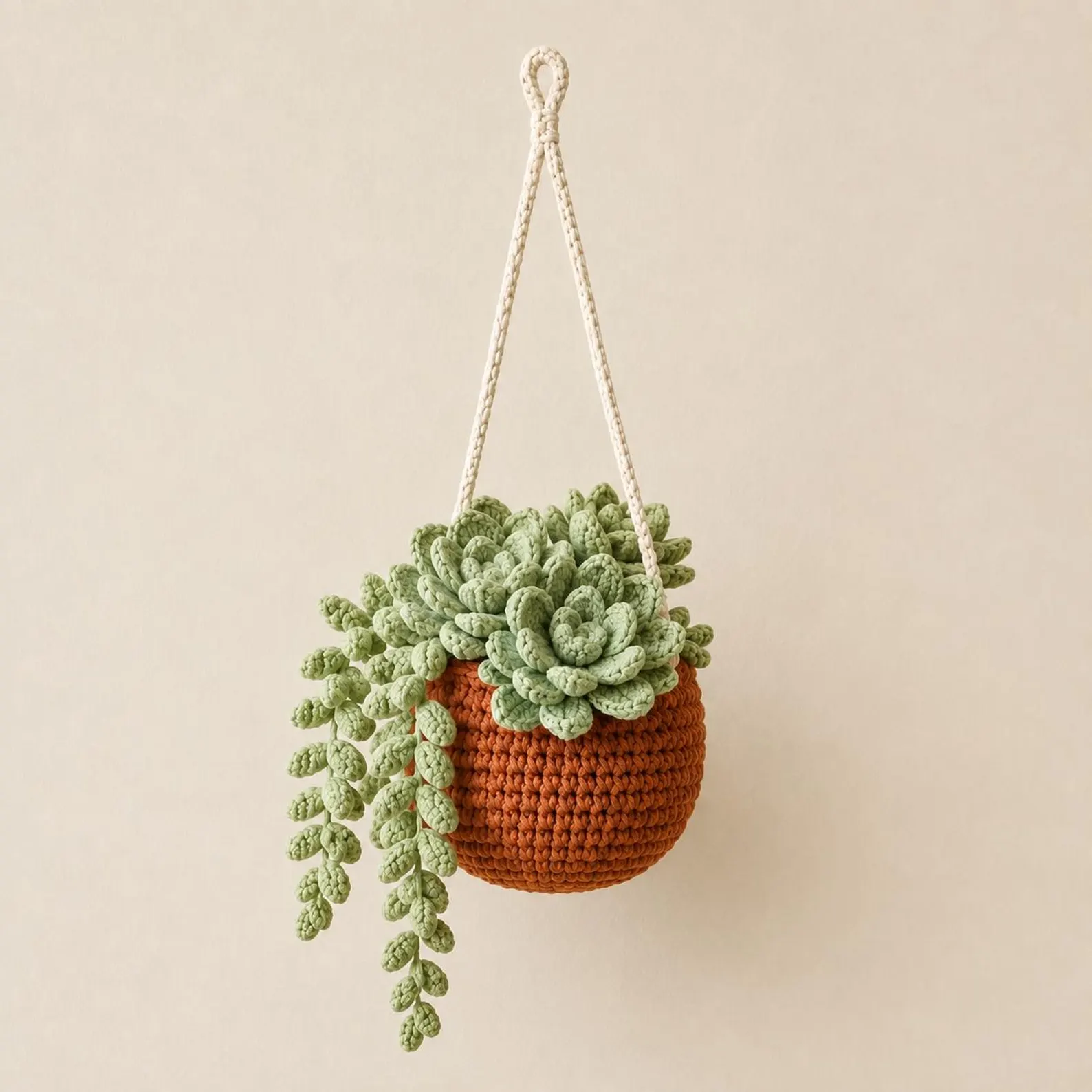 Plante succulente décorative au crochet avec rosettes vertes, tiges retombantes et pot terracotta suspendu
